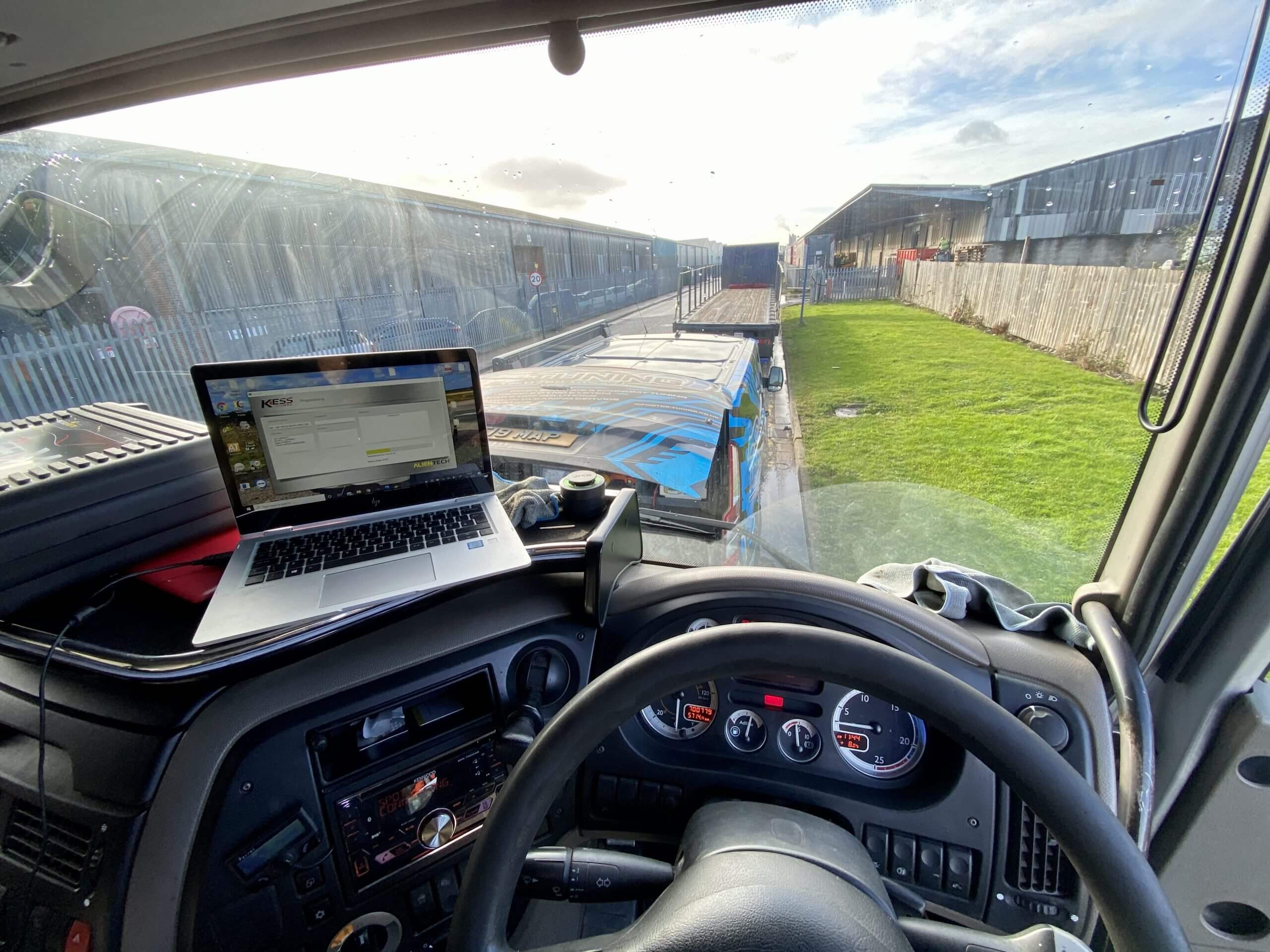 View of top-tuning at work from inside lorry